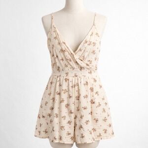 Anthropologie Floral Surplice Romper Size M Cream Smocked Soft Girl Cottagecore